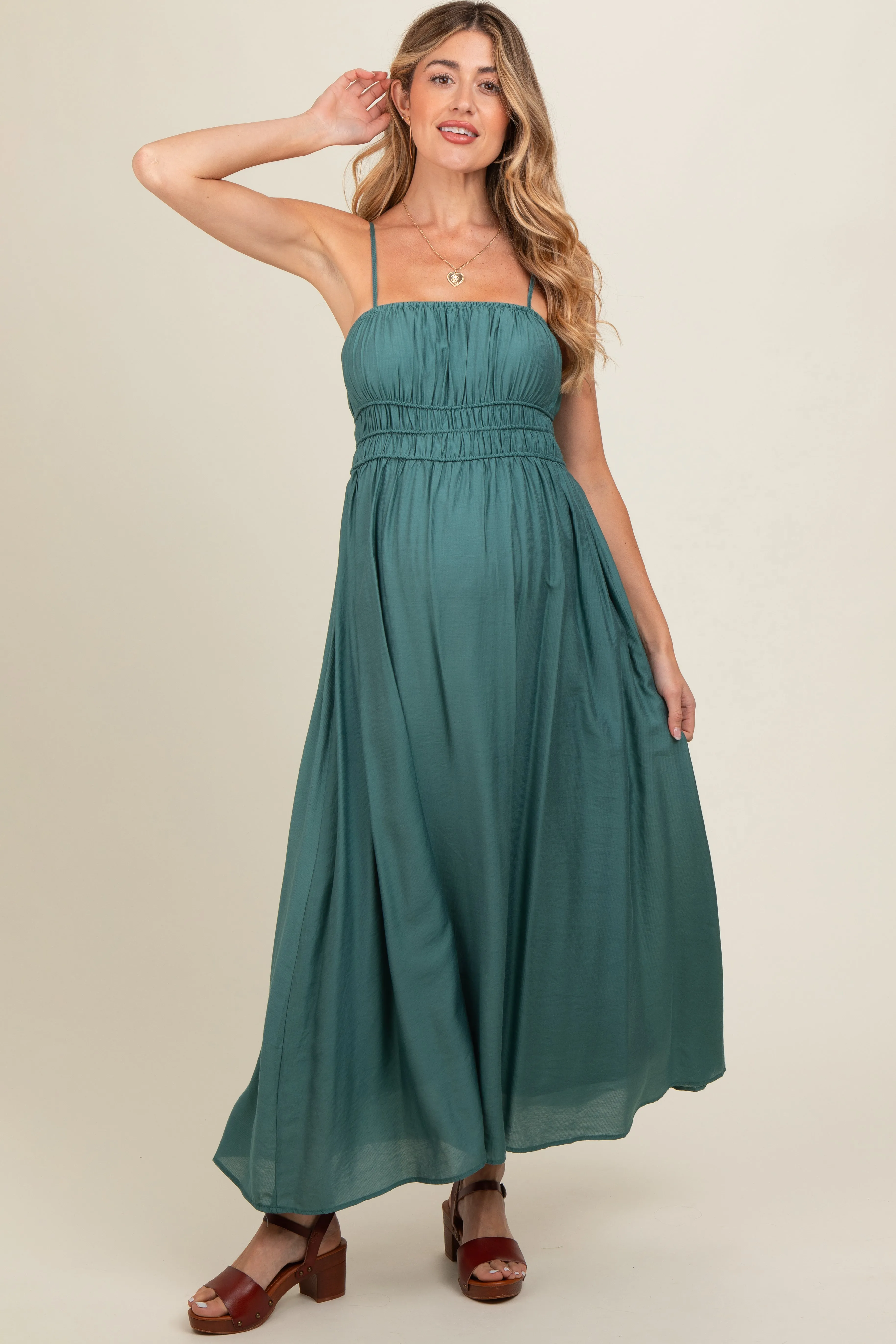 Teal Sleeveless Square Neckline Maternity Maxi Dress sold by Pinkblush