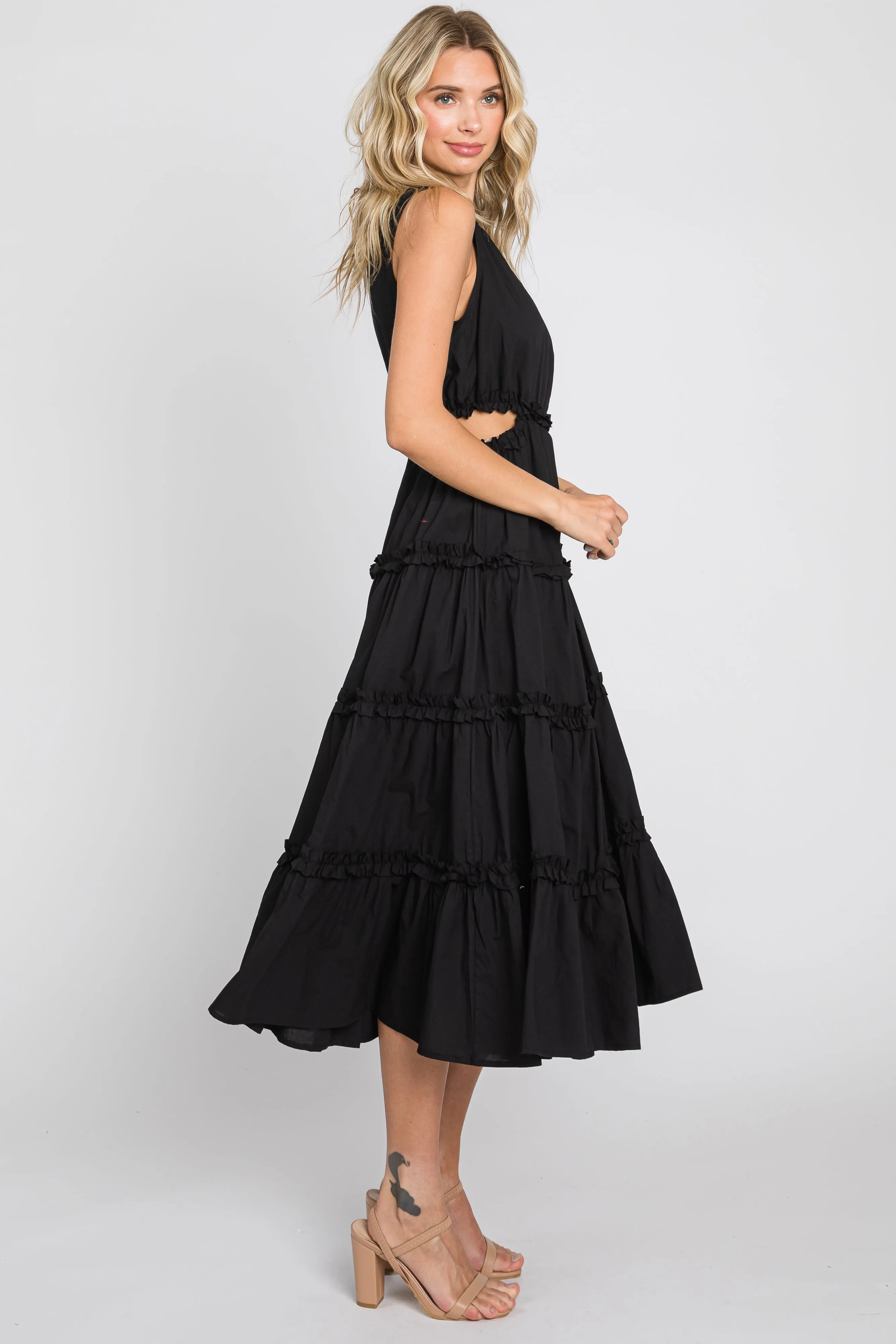 Black Tiered Ruffle Cutout Midi Dress sold by Pinkblush product image thumbnail 2