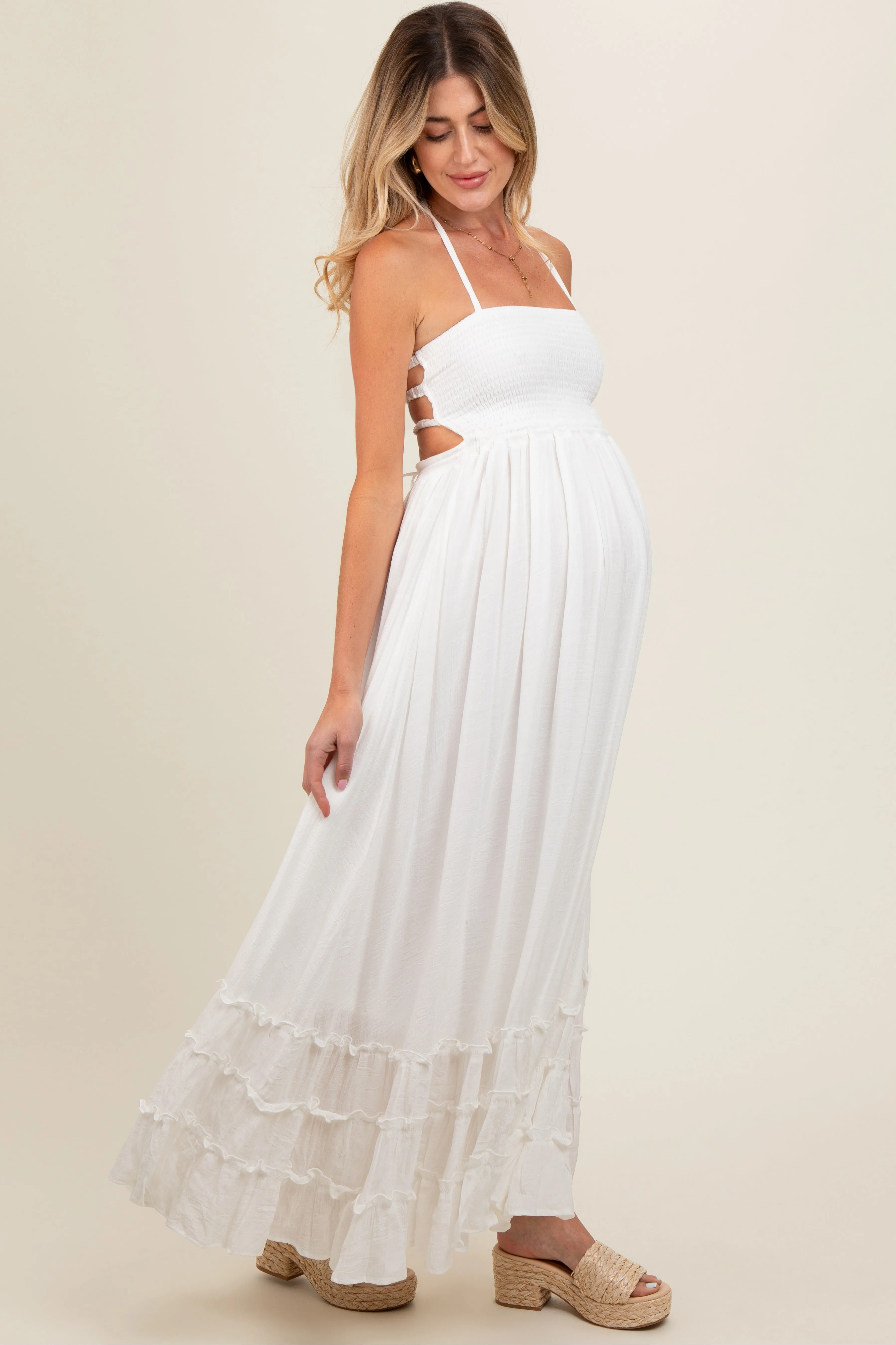 White Smocked Halter Cutout Maternity Maxi Dress sold by Pinkblush product image thumbnail 3