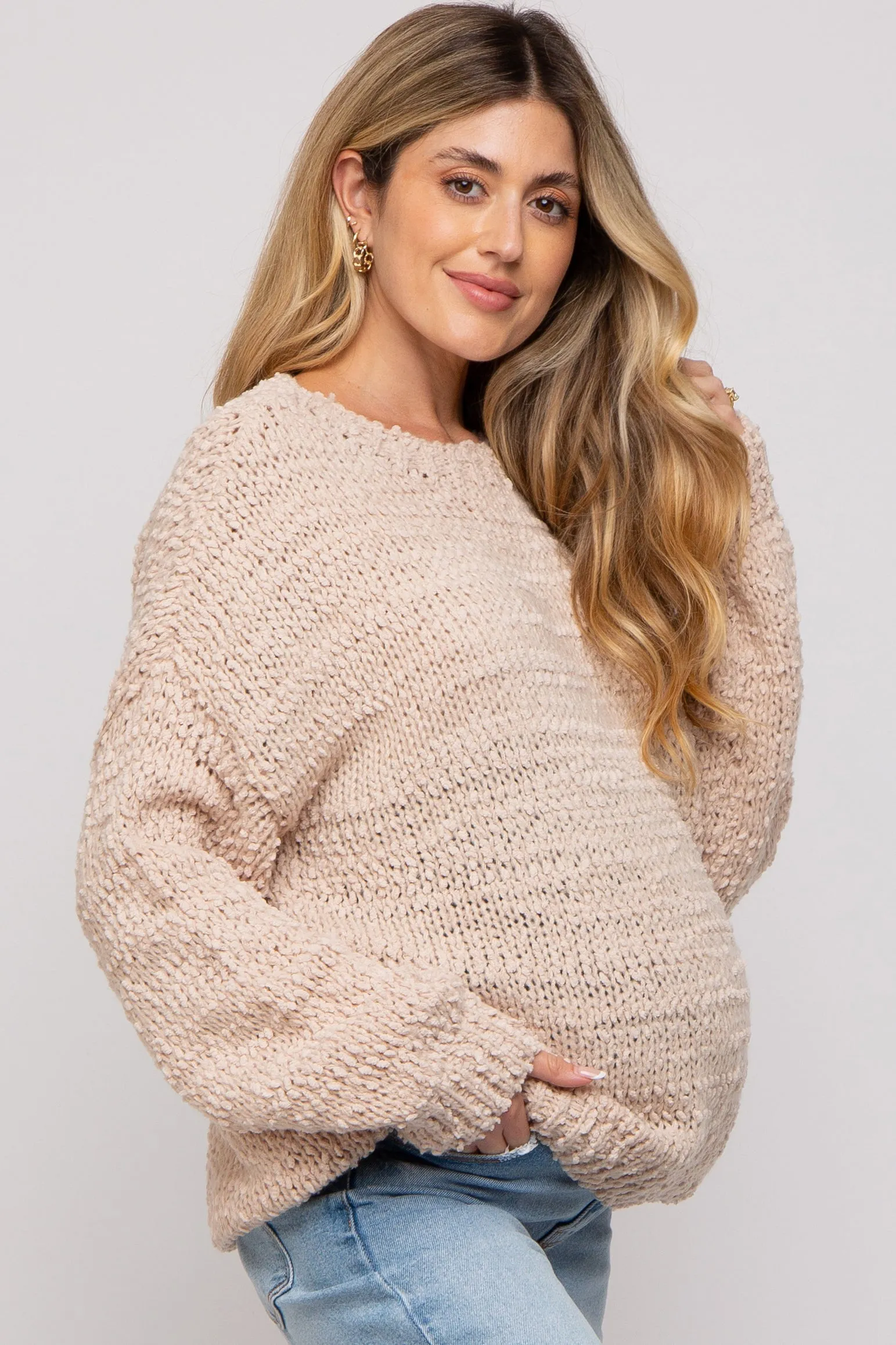 Beige Chunky Loose Knit Maternity Sweater sold by Pinkblush product image thumbnail 2