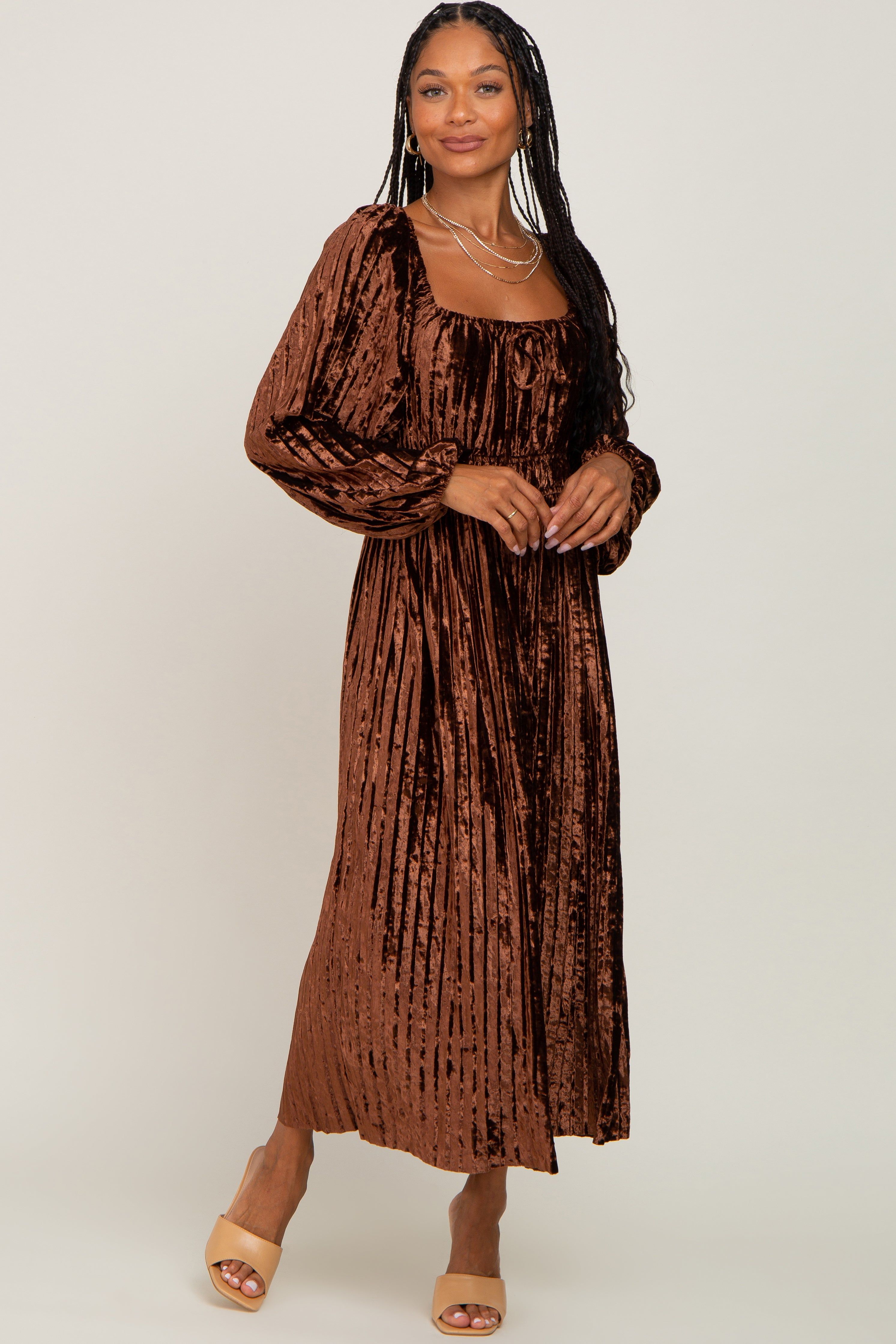 Brown Velvet Pleated Midi Dress sold by Pinkblush product image thumbnail 4