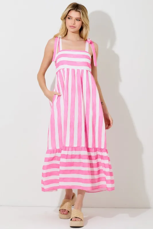Pink Wide Stripe Shoulder Tie Midi Dress sold by Pinkblush
