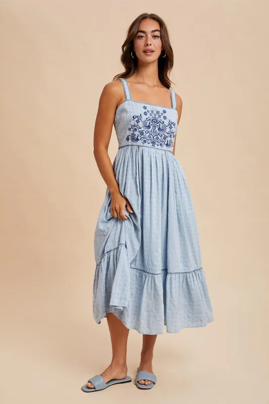 Light Blue Cross Stitch Embroidered Maxi Dress sold by Pinkblush