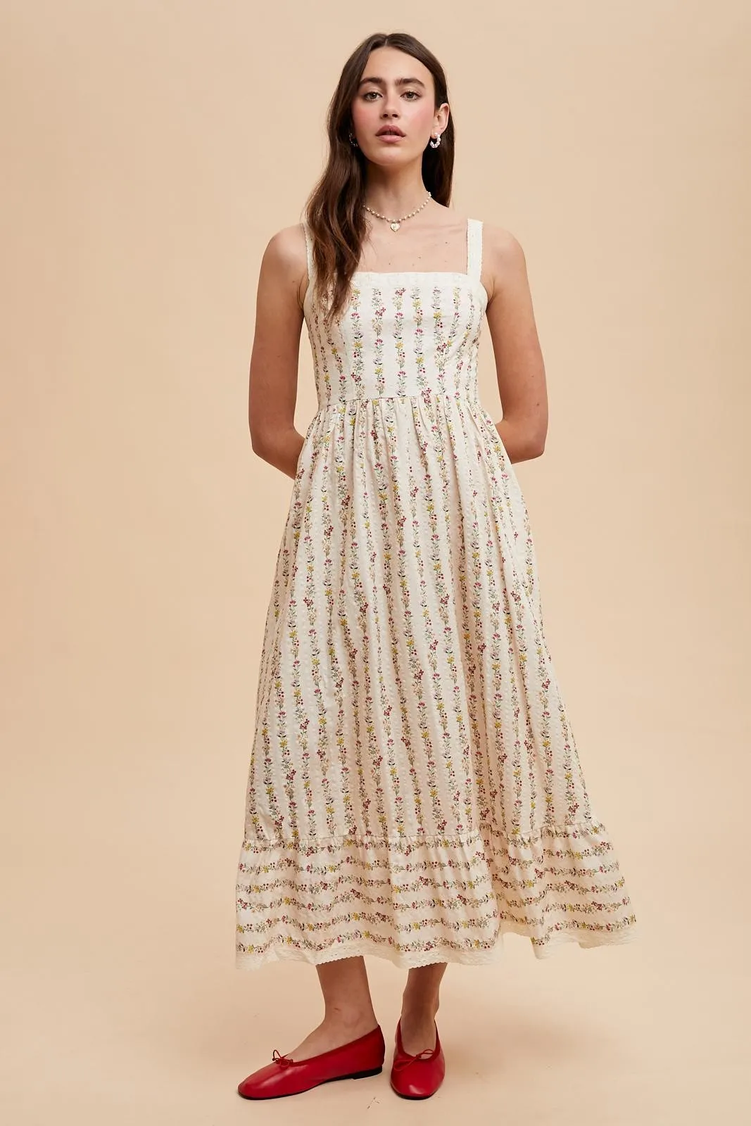Cream Floral Textured Cotton Lace Trim Maxi Dress sold by Pinkblush