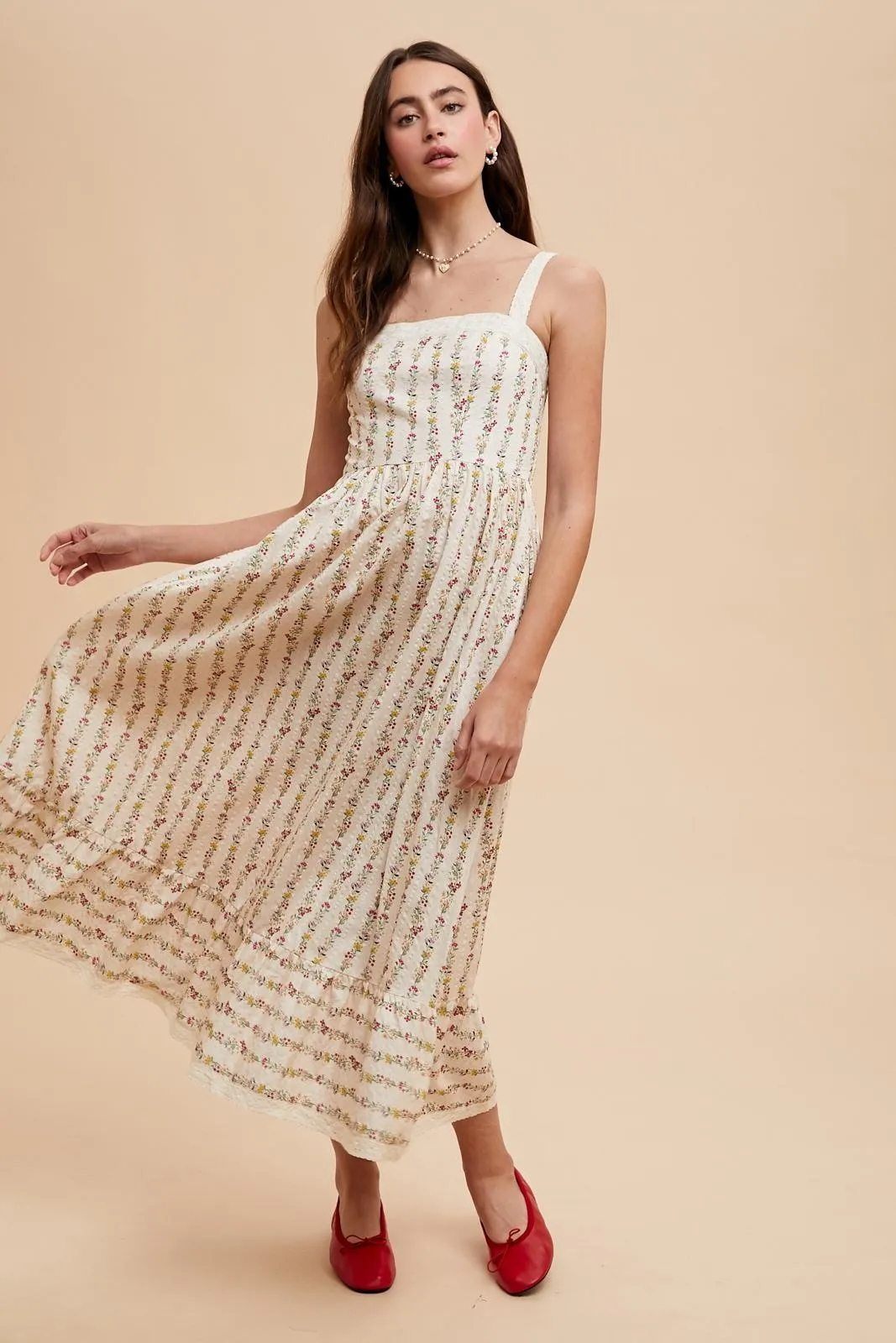 Cream Floral Textured Cotton Lace Trim Maxi Dress sold by Pinkblush product image thumbnail 2