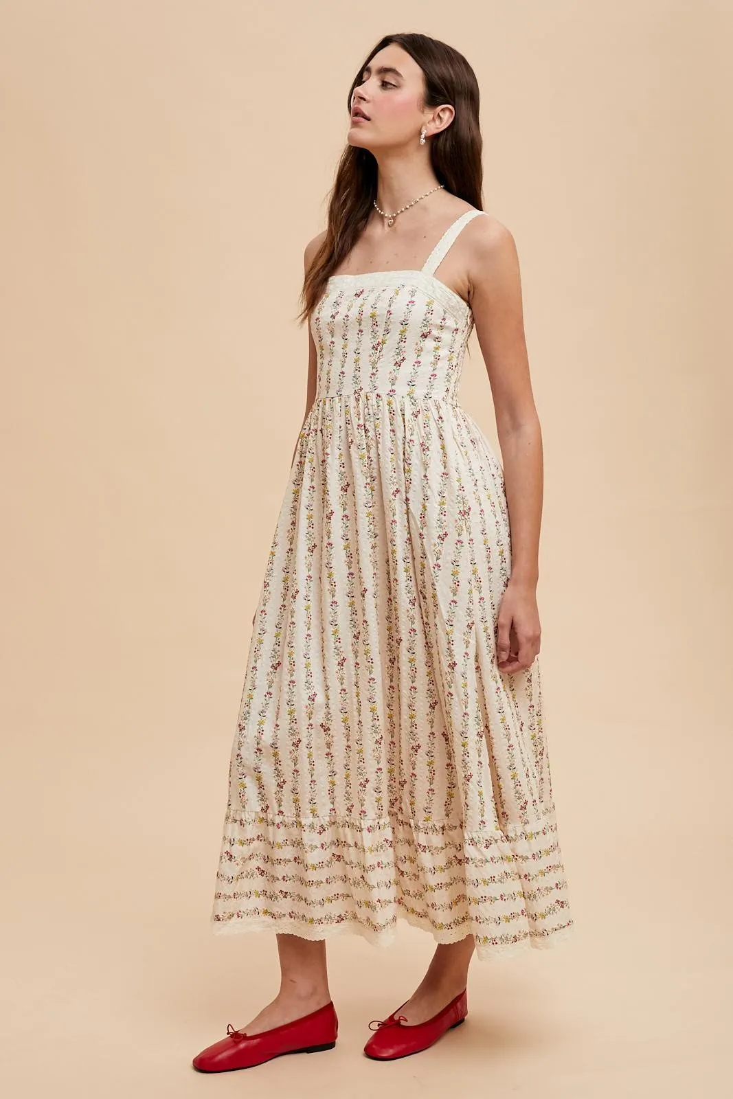 Cream Floral Textured Cotton Lace Trim Maxi Dress sold by Pinkblush product image thumbnail 3