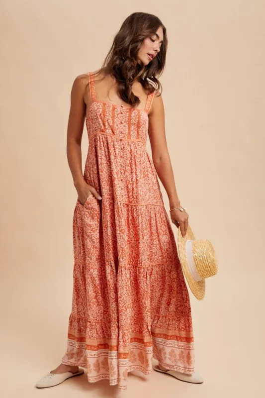Orange Border Print Sleeveless Maxi Dress sold by Pinkblush