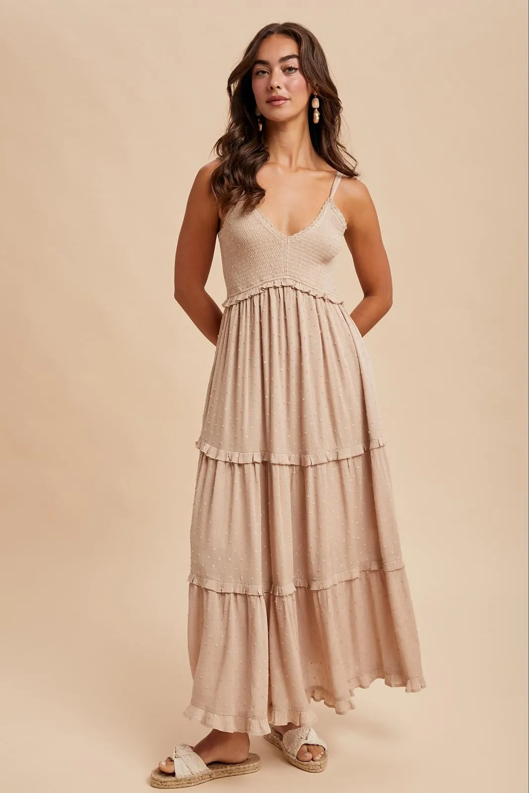 Beige Swiss Dot Smocked Sleeveless Maxi Dress sold by Pinkblush product image thumbnail 2