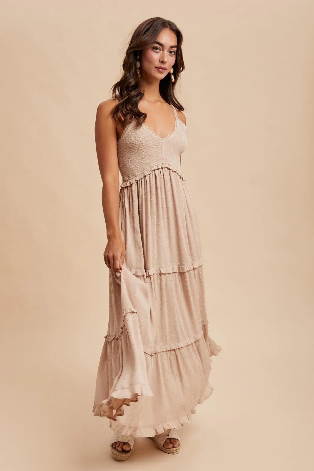 Beige Swiss Dot Smocked Sleeveless Maxi Dress sold by Pinkblush product image thumbnail 3