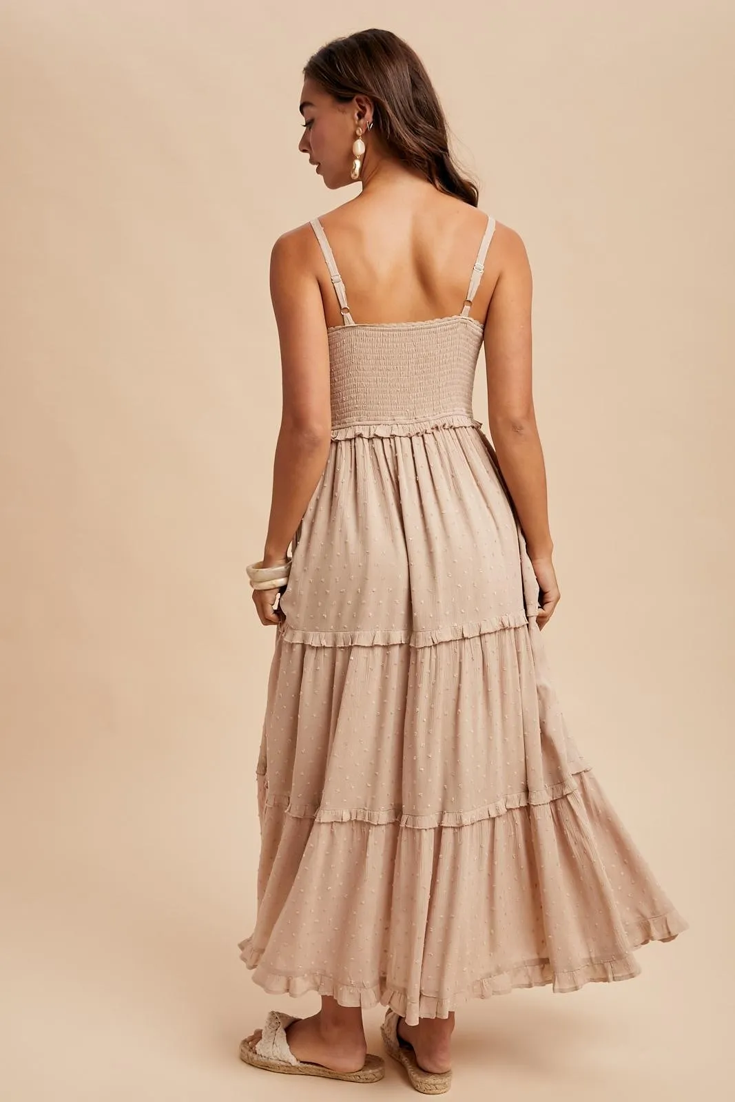 Beige Swiss Dot Smocked Sleeveless Maxi Dress sold by Pinkblush product image thumbnail 4