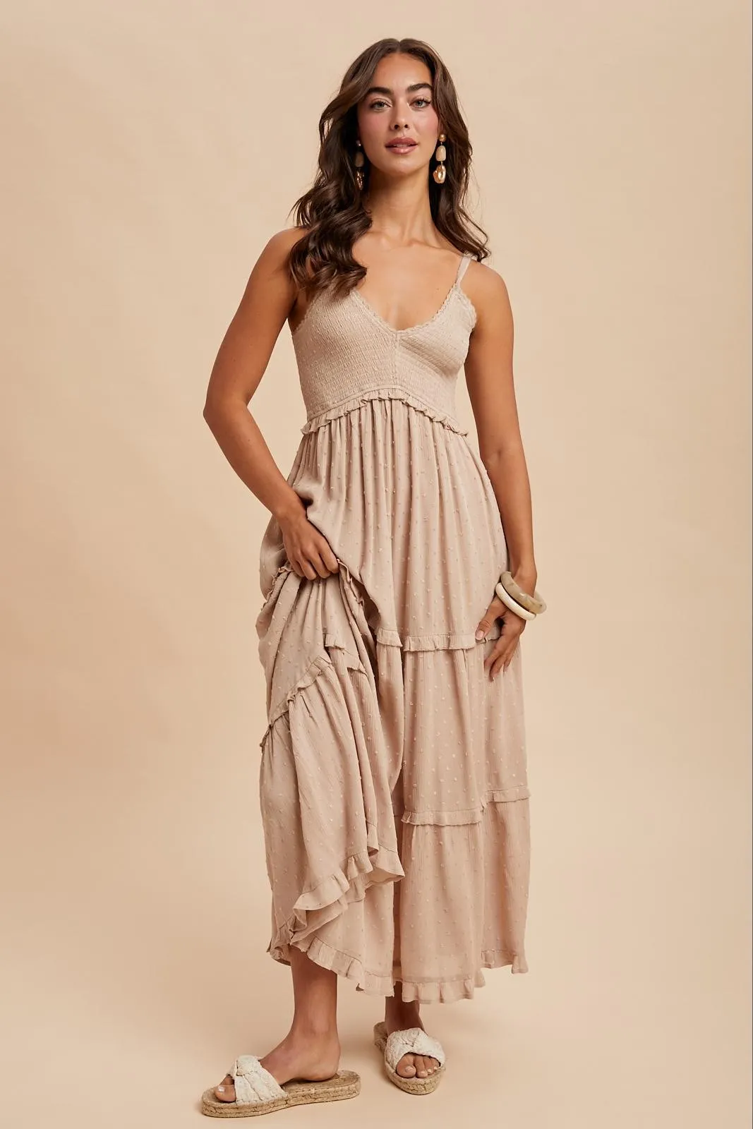 Beige Swiss Dot Smocked Sleeveless Maxi Dress sold by Pinkblush