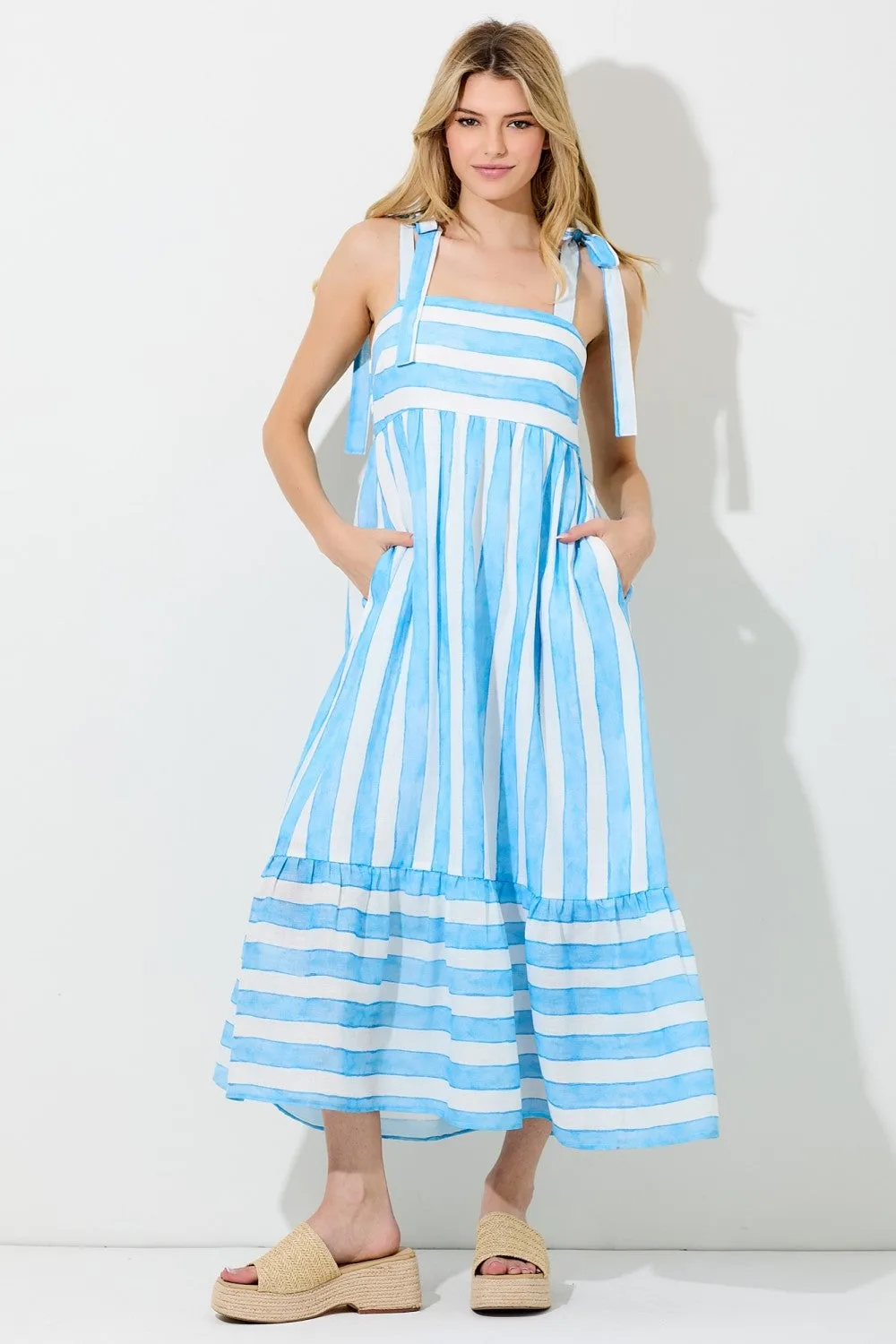 Light Blue Wide Stripe Shoulder Tie Midi Dress sold by Pinkblush