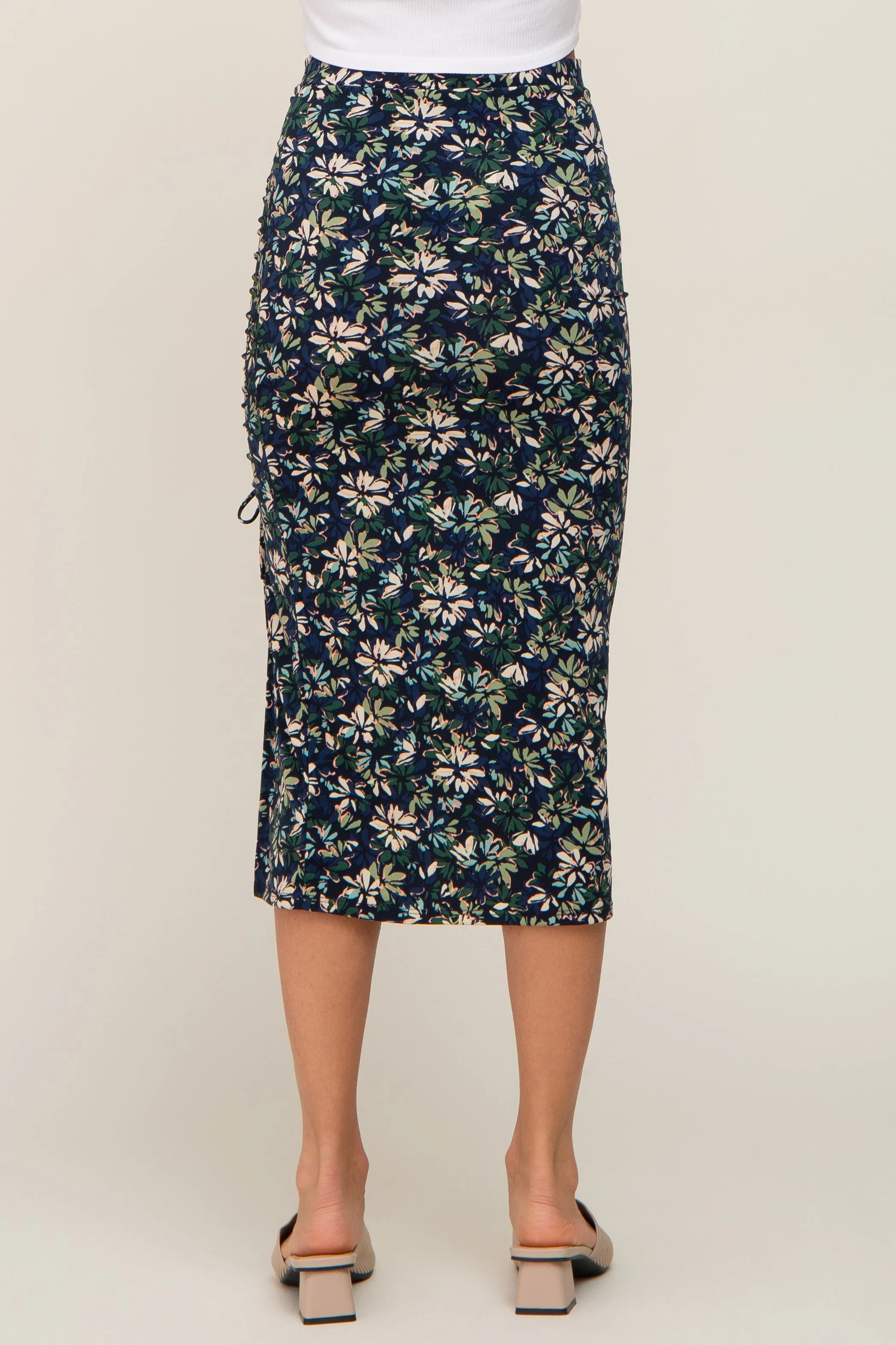 Navy Floral Ruched Slit Midi Skirt sold by Pinkblush product image thumbnail 4