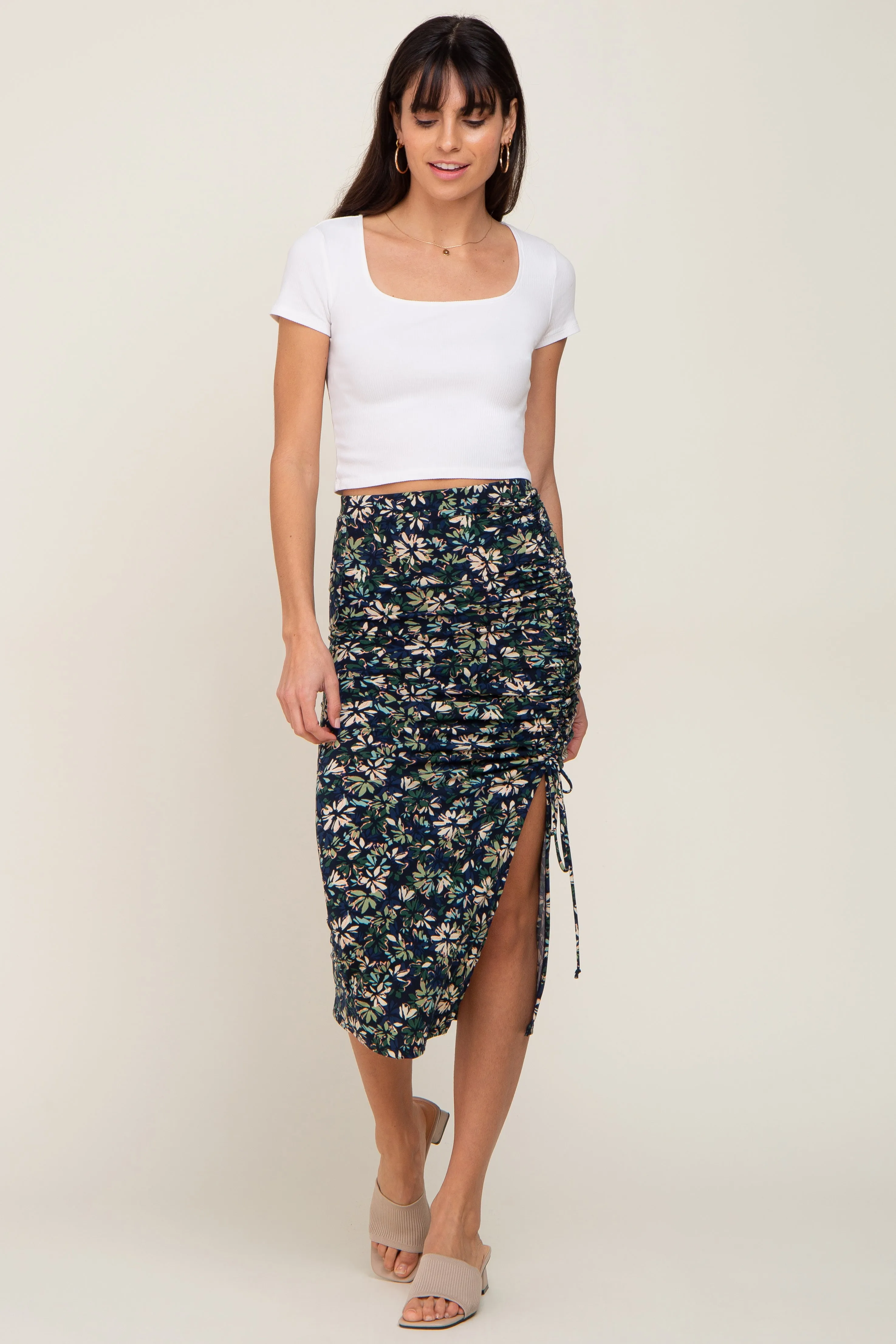 Navy Floral Ruched Slit Midi Skirt sold by Pinkblush product image thumbnail 5