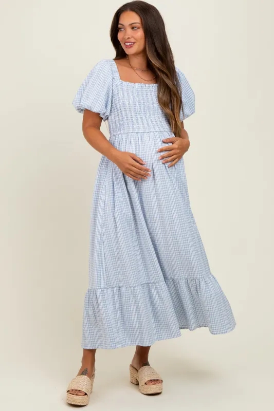 Light Blue Gingham Smocked Puff Sleeve Maternity Midi Dress sold by Pinkblush