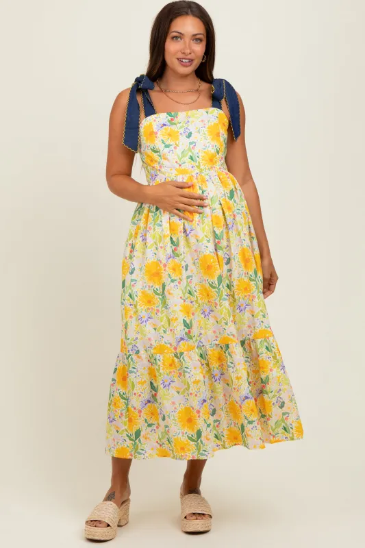 Yellow Floral Contrast Shoulder Tie Maternity Midi Dress sold by Pinkblush