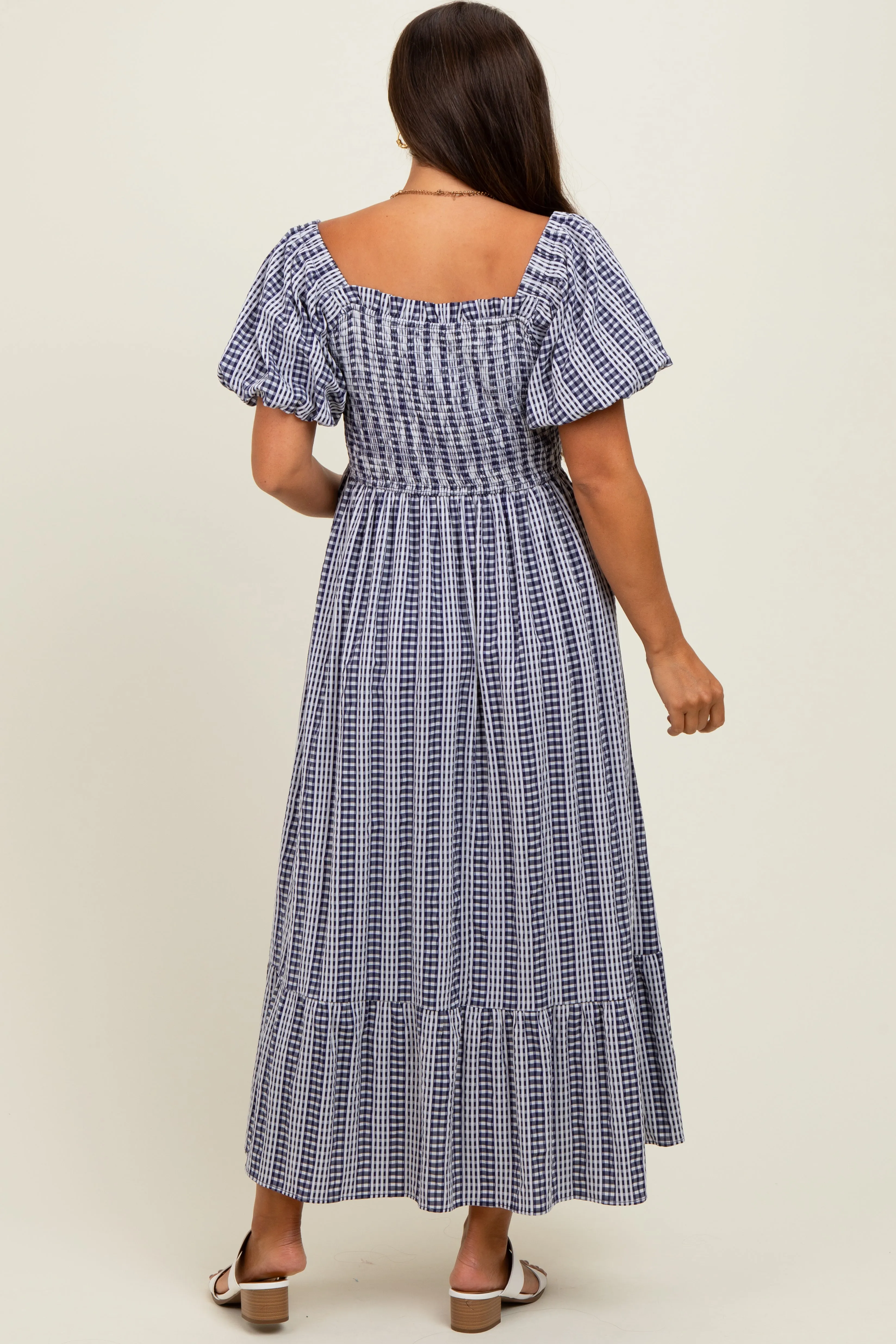 Navy Gingham Smocked Puff Sleeve Maternity Midi Dress sold by Pinkblush product image thumbnail 3