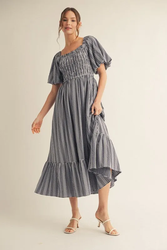 Navy Gingham Smocked Puff Sleeve Maternity Midi Dress sold by Pinkblush product image thumbnail 4