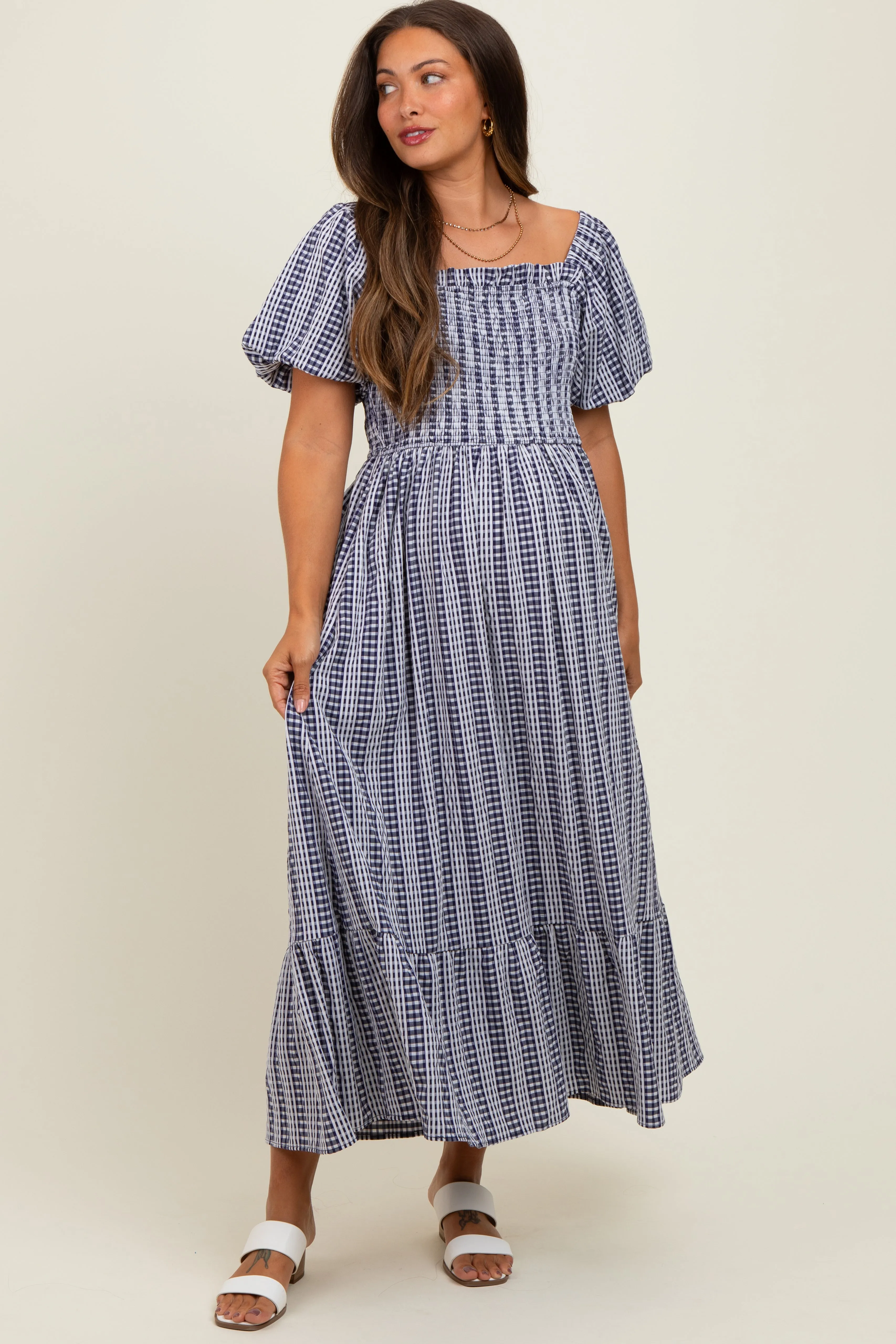 Navy Gingham Smocked Puff Sleeve Maternity Midi Dress sold by Pinkblush