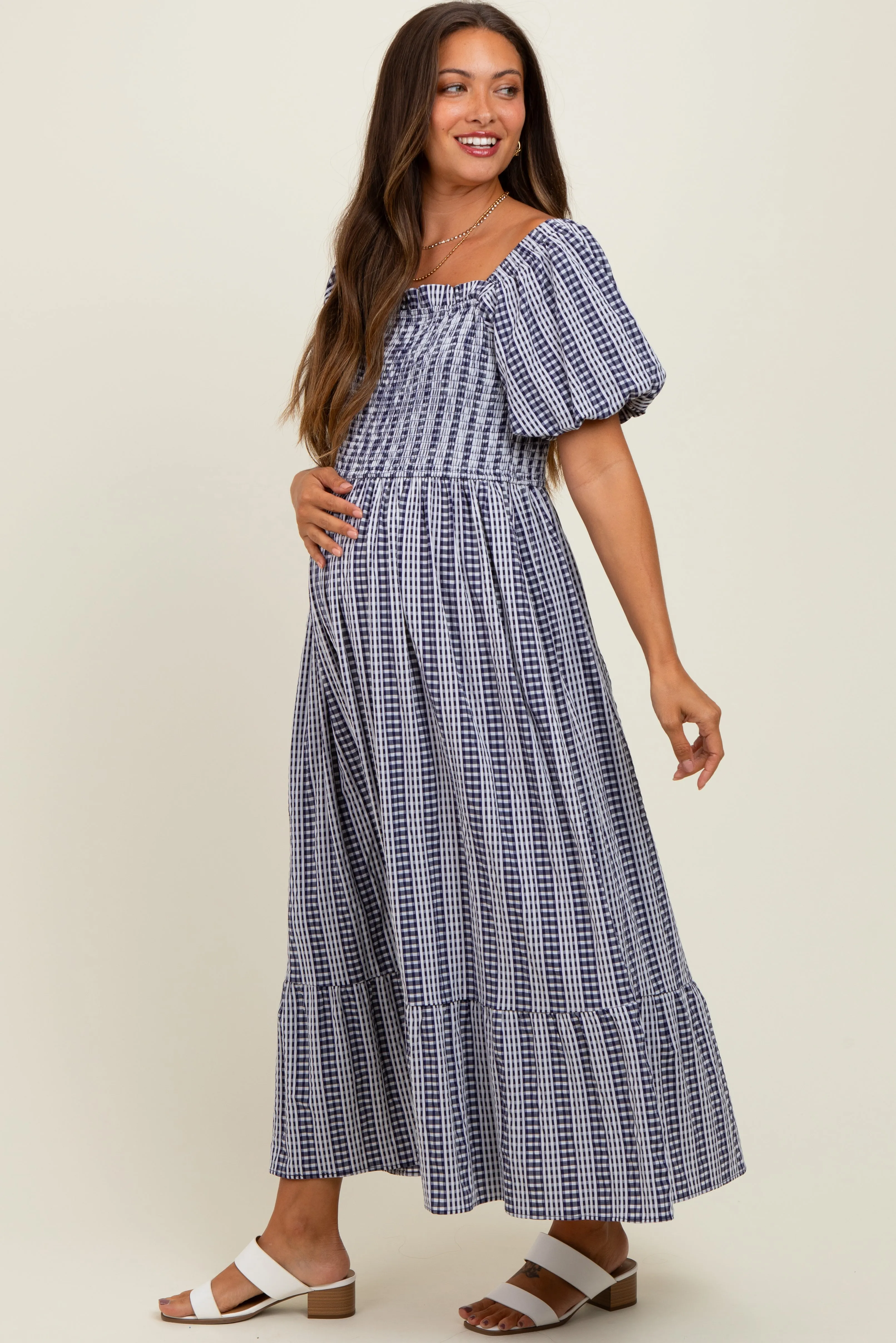 Navy Gingham Smocked Puff Sleeve Maternity Midi Dress sold by Pinkblush product image thumbnail 2