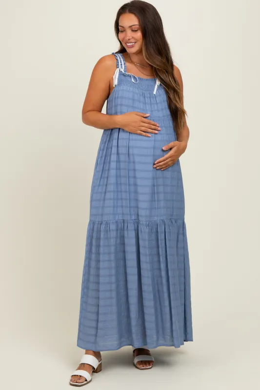 Blue Bow Tie Accent Tiered Maternity Maxi Dress sold by Pinkblush