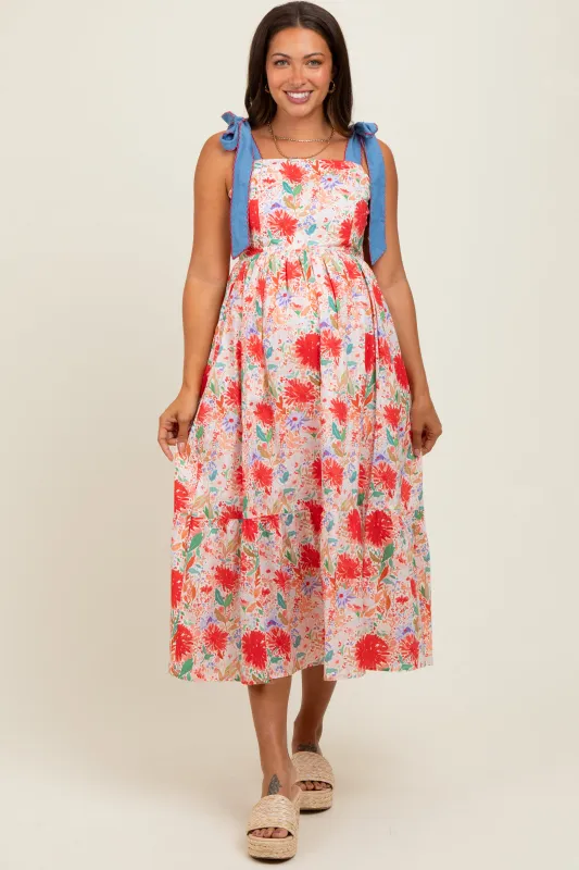 Red Floral Contrast Shoulder Tie Maternity Midi Dress sold by Pinkblush