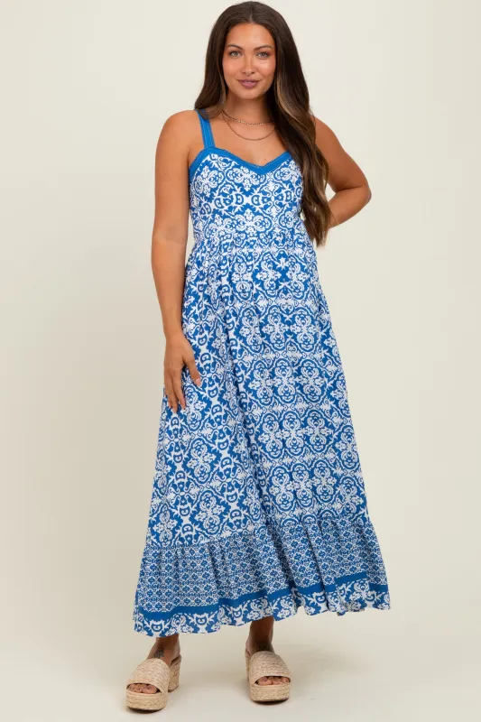 Blue Sleeveless Border Print Maternity Maxi Dress sold by Pinkblush