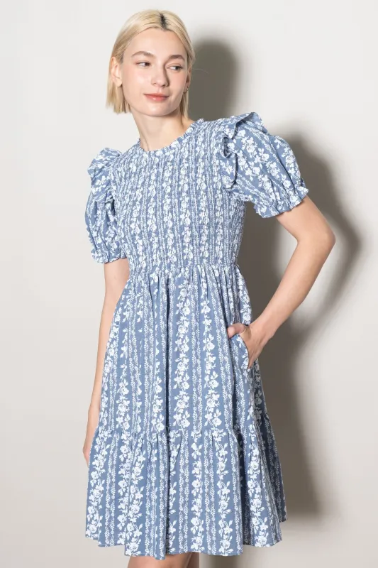 Blue Floral Smocked Ruffle Accent Dress sold by Pinkblush