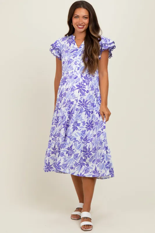 Lavender Floral Ruffle Sleeve Tiered Maternity Midi Dress sold by Pinkblush
