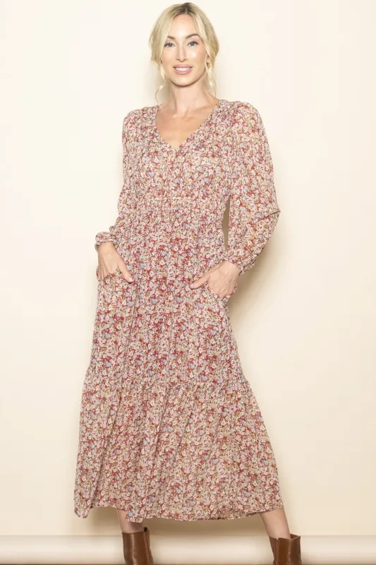 Burgundy Floral Smocked Waist Maxi Dress sold by Pinkblush