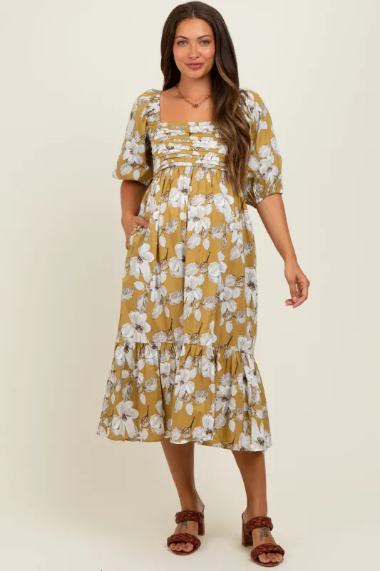 Olive Floral Pleated Bodice Maternity Midi Dress sold by Pinkblush