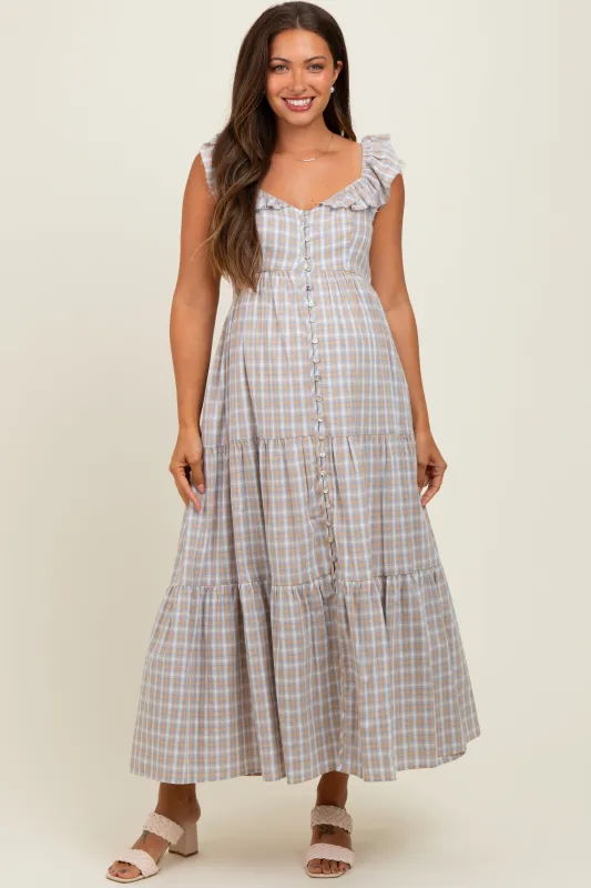 Light Blue Cotton Plaid Maternity Maxi Dress sold by Pinkblush