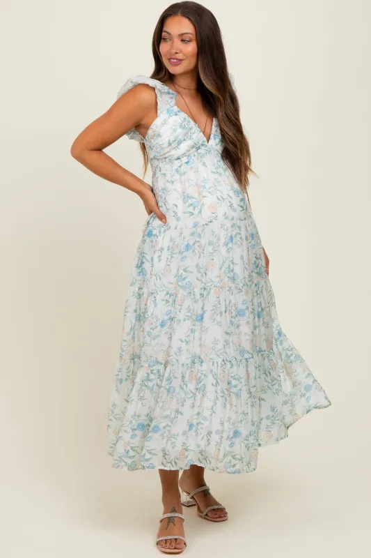 Blue Floral V-Neck Ruffle Strap Tiered Maternity Midi Dress sold by Pinkblush