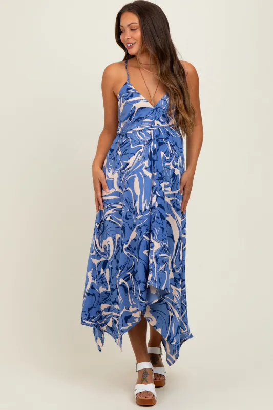 Blue Printed Crisscross Back Maternity Handkerchief Dress sold by Pinkblush