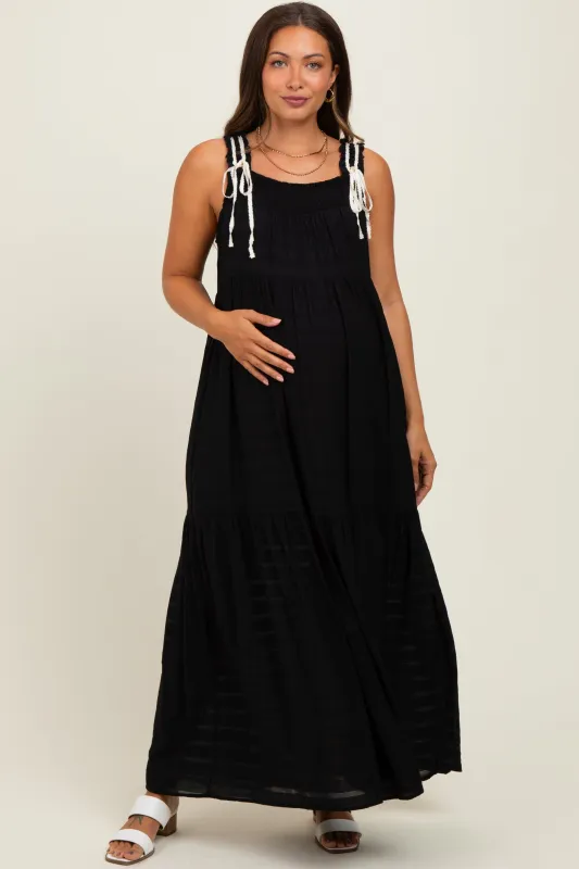 Black Bow Tie Accent Tiered Maternity Maxi Dress sold by Pinkblush