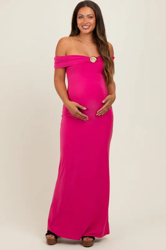 Fuchsia Off Shoulder Seashell Pendant Maternity Maxi Dress sold by Pinkblush