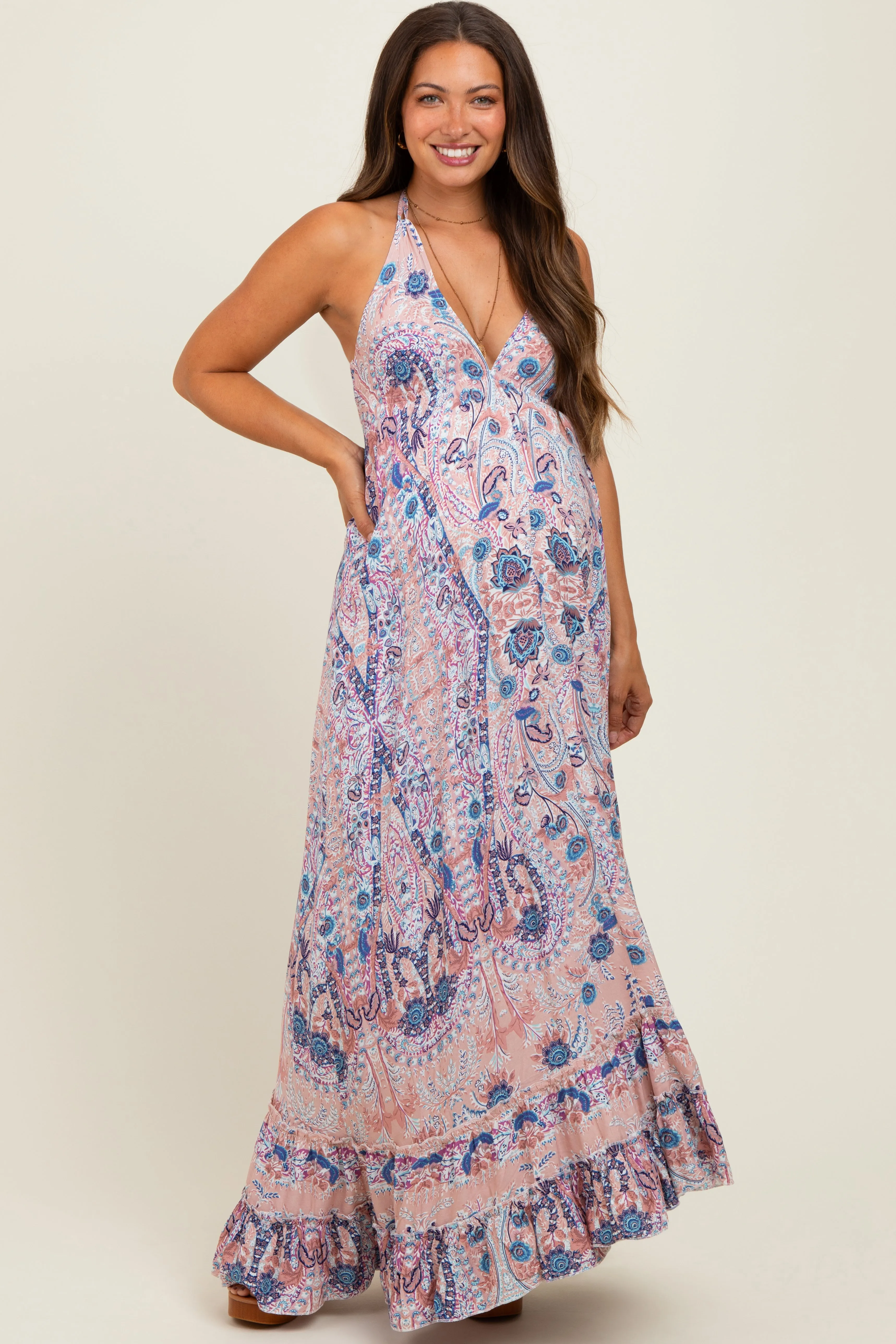 Mauve Paisley Halter V-Neck Cutout Maternity Maxi Dress sold by Pinkblush product image thumbnail 2
