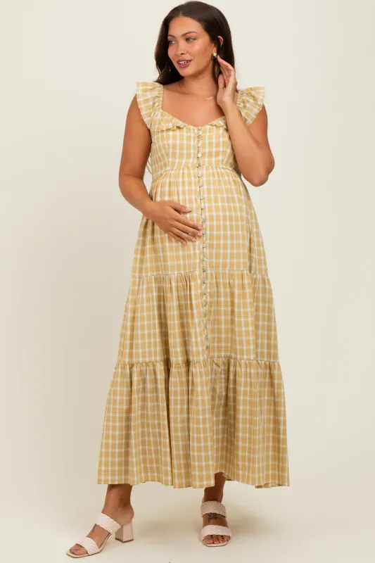 Mustard Cotton Plaid Maternity Maxi Dress sold by Pinkblush