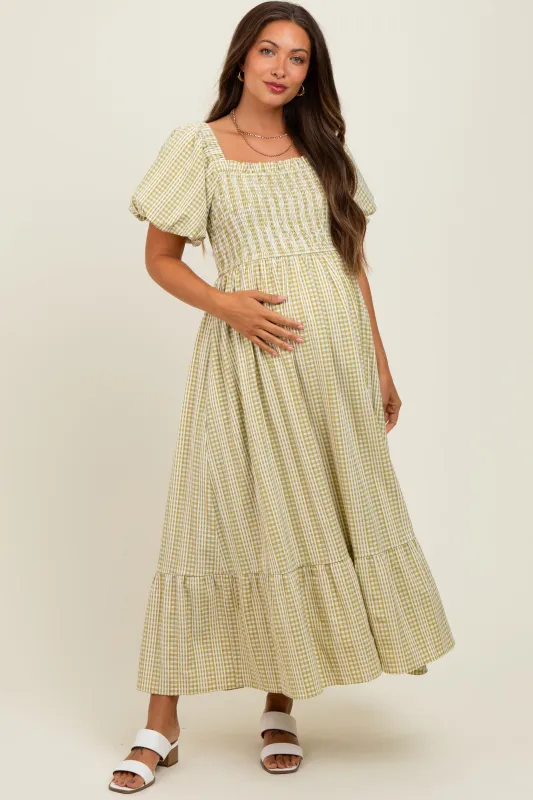 Light Olive Gingham Smocked Puff Sleeve Maternity Midi Dress sold by Pinkblush