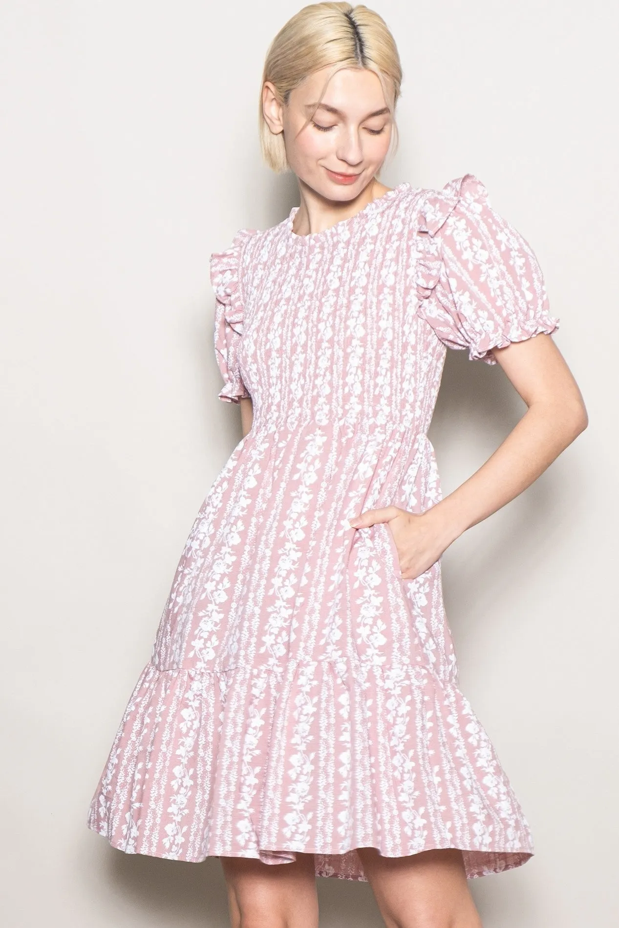 Pink Floral Smocked Ruffle Accent Dress sold by Pinkblush product image thumbnail 5