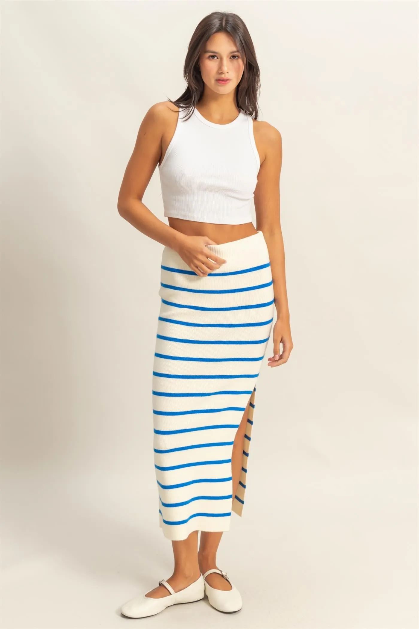 Blue/Cream Striped Fitted Sweater Maxi Skirt sold by Pinkblush