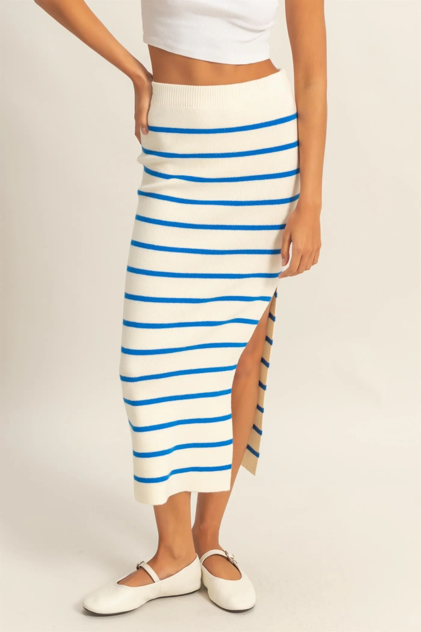 Blue/Cream Striped Fitted Sweater Maxi Skirt sold by Pinkblush product image thumbnail 2