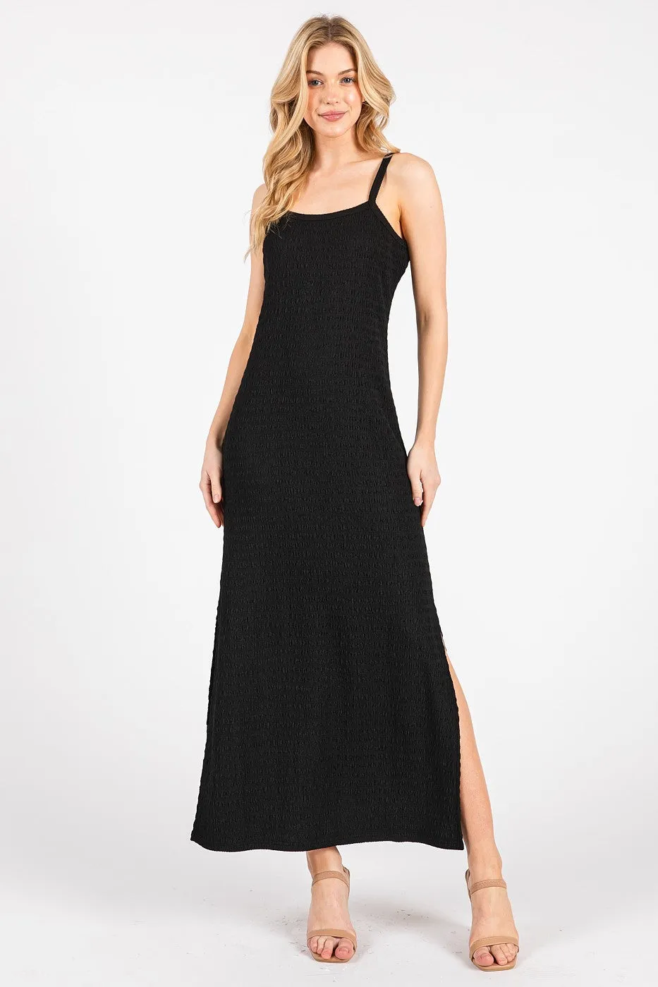 Black Textured Stripe Side Slit Maxi Dress sold by Pinkblush