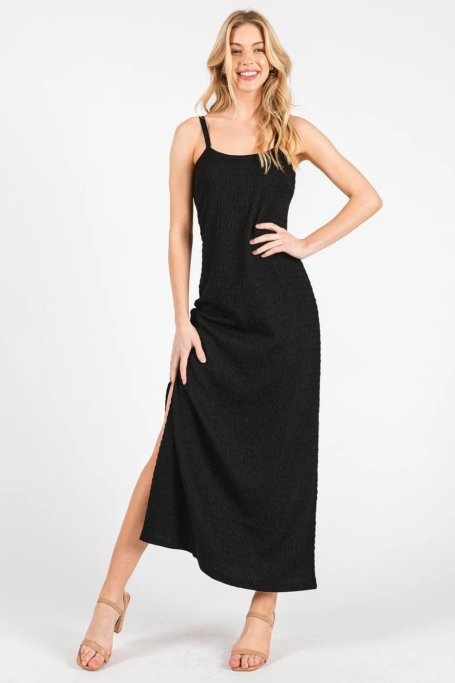 Black Textured Stripe Side Slit Maxi Dress sold by Pinkblush product image thumbnail 2