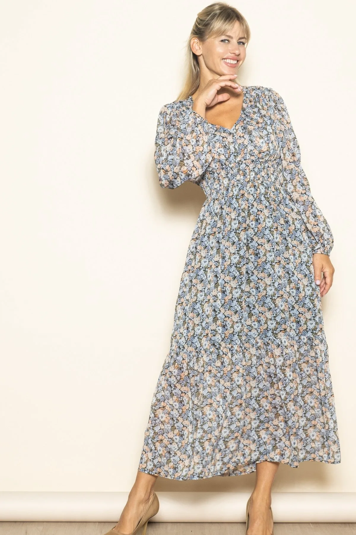 Blue Floral Smocked Waist Maxi Dress sold by Pinkblush
