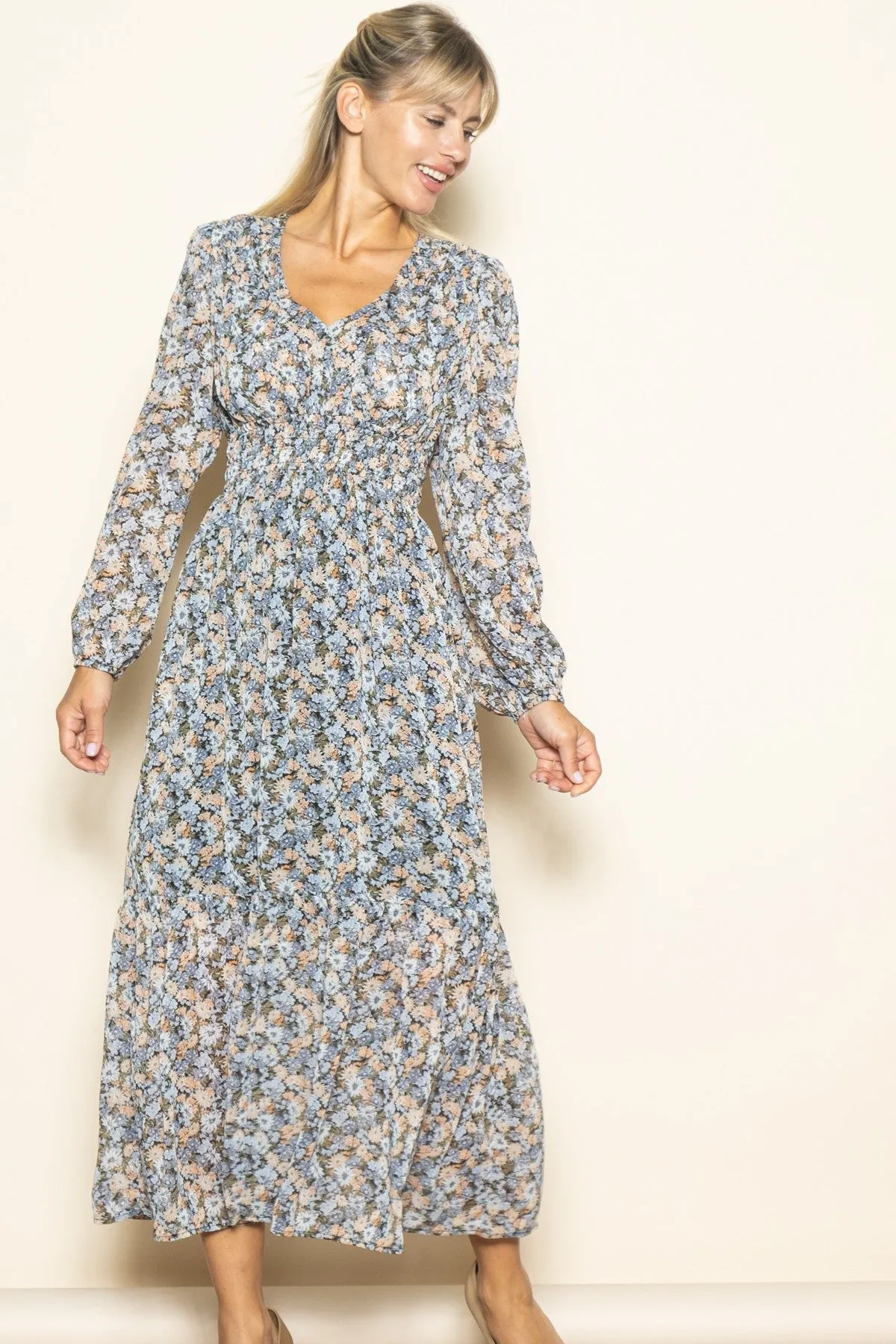 Blue Floral Smocked Waist Maxi Dress sold by Pinkblush product image thumbnail 2