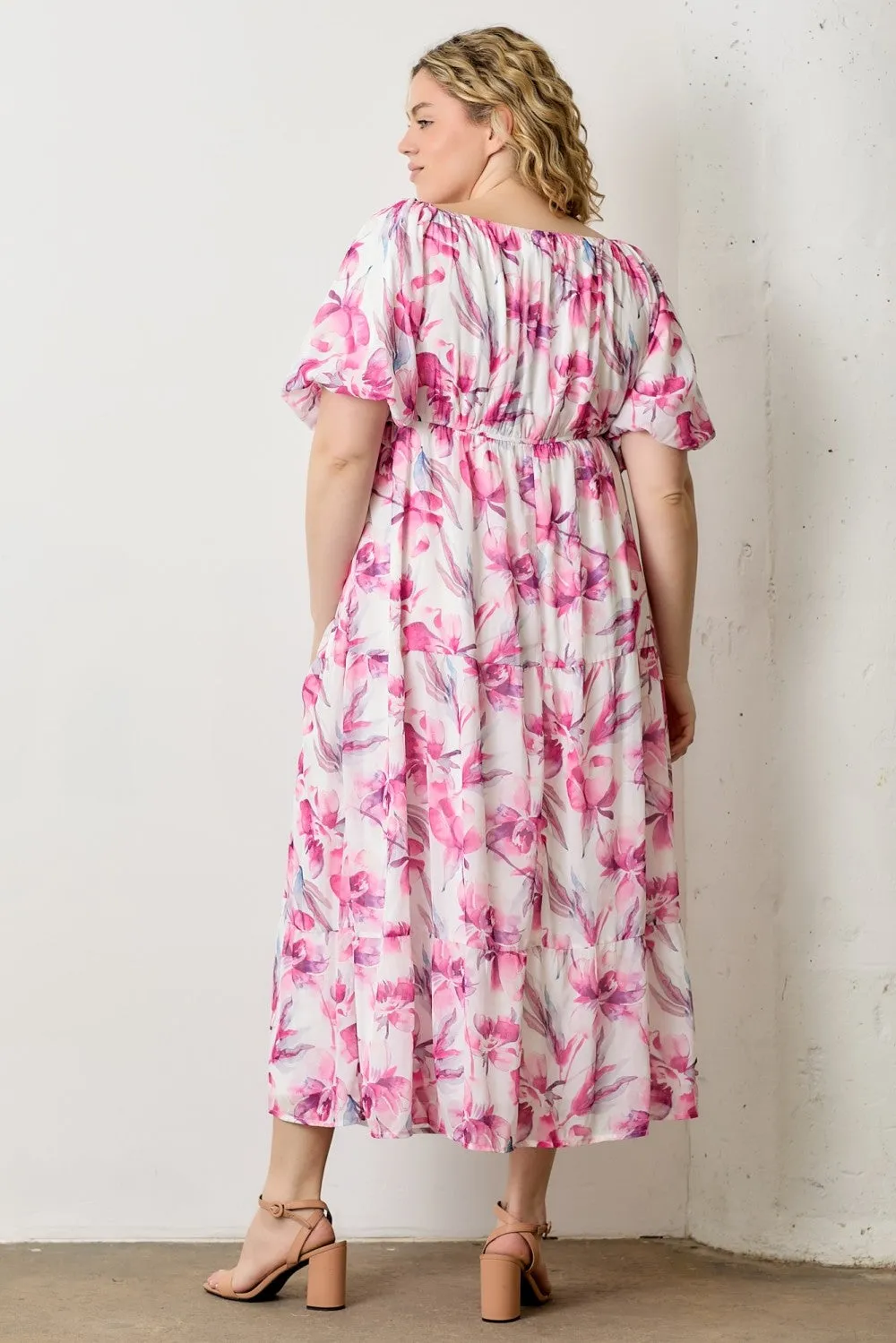 Pink Floral Chiffon Puff Sleeve Plus Midi Dress sold by Pinkblush product image thumbnail 4