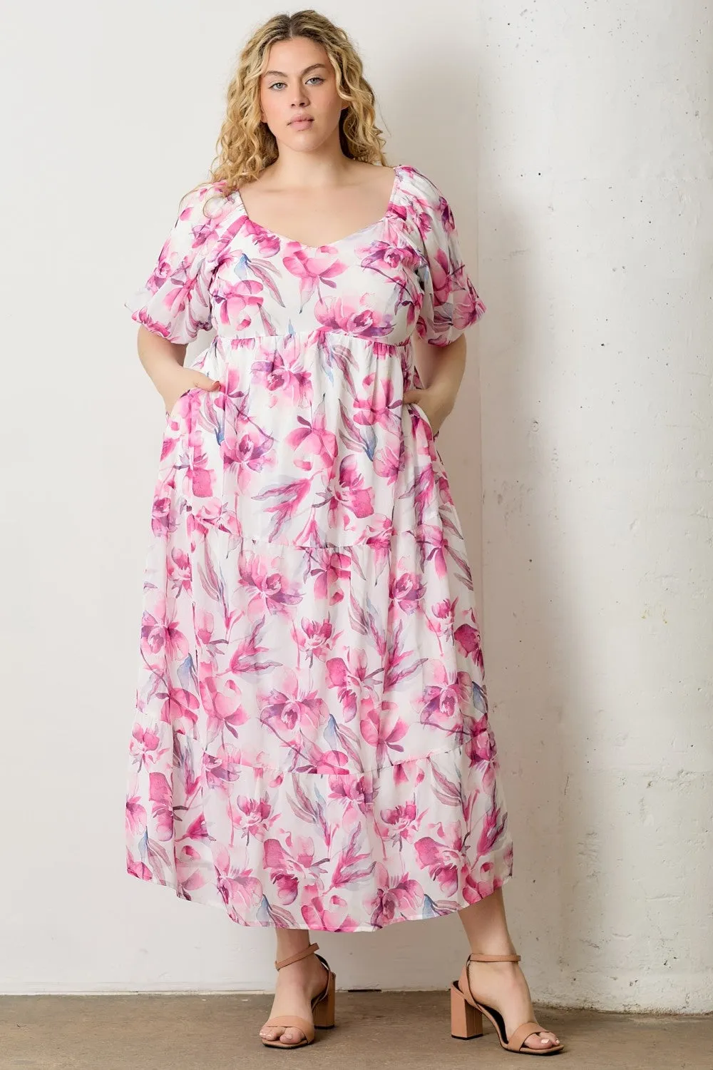 Pink Floral Chiffon Puff Sleeve Plus Midi Dress sold by Pinkblush