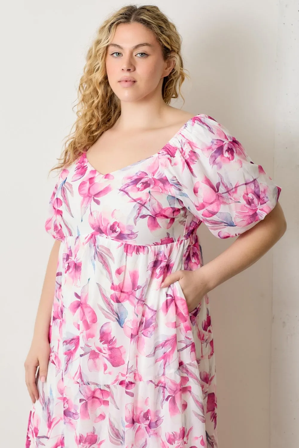Pink Floral Chiffon Puff Sleeve Plus Midi Dress sold by Pinkblush product image thumbnail 5