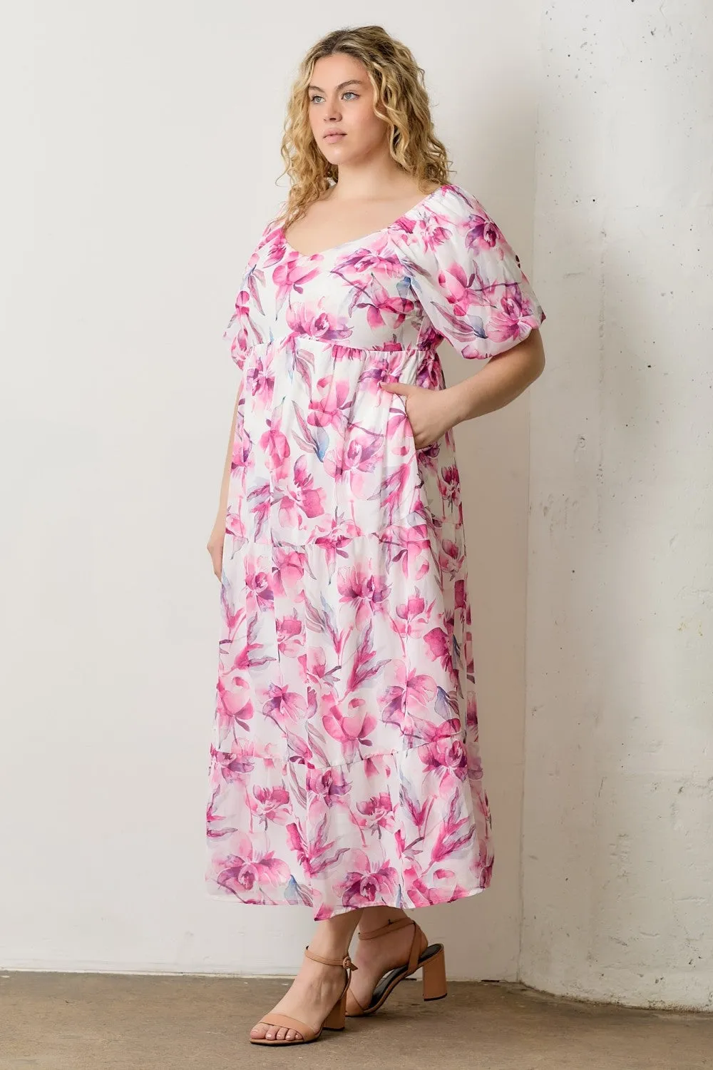 Pink Floral Chiffon Puff Sleeve Plus Midi Dress sold by Pinkblush product image thumbnail 2